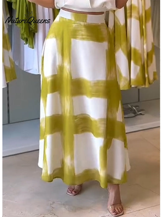 Falda de Algodón y Lino con Estampado de Pinceladas para Mujeres