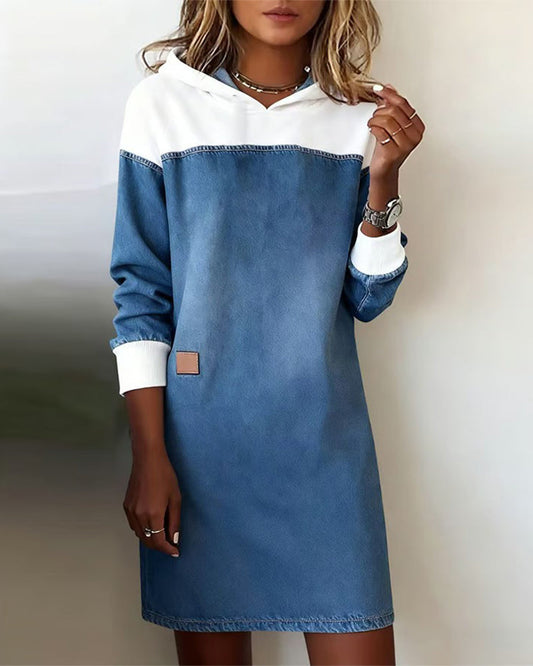 Denim Patchwork Hooded Dress with Dropped Shoulders