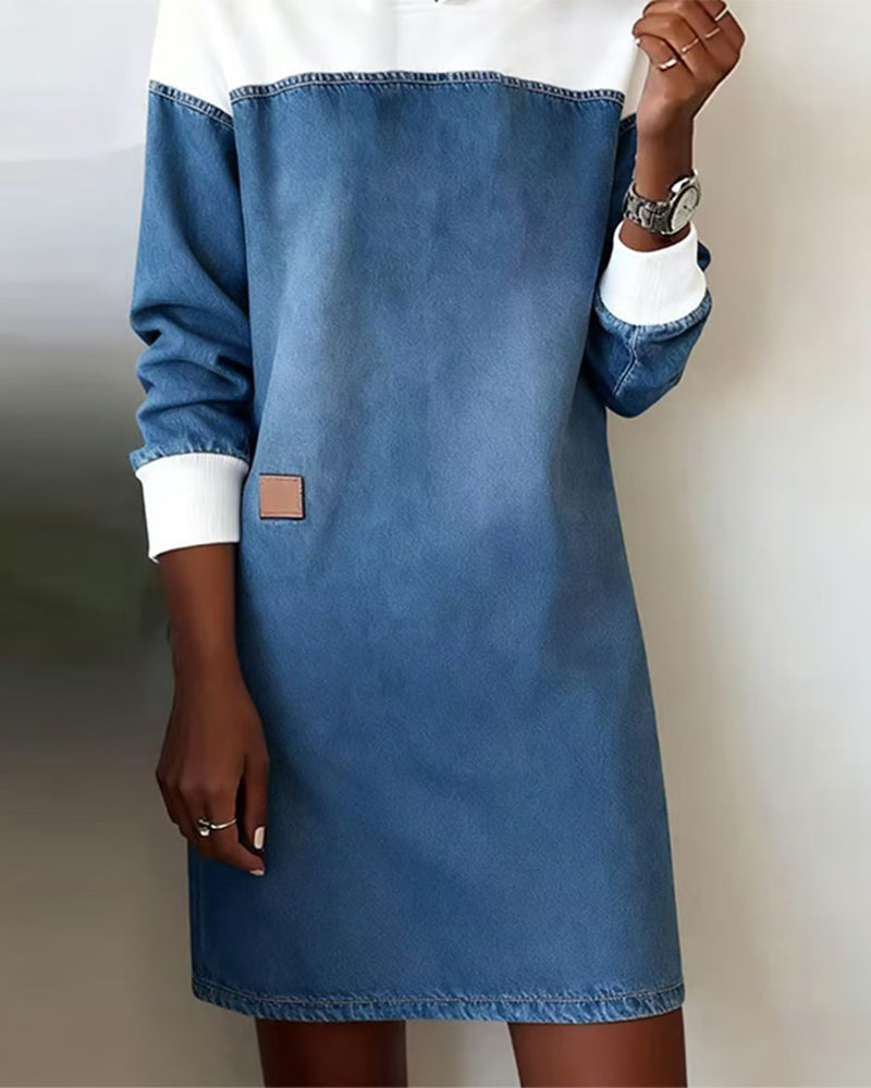 Denim Patchwork Hooded Dress with Dropped Shoulders