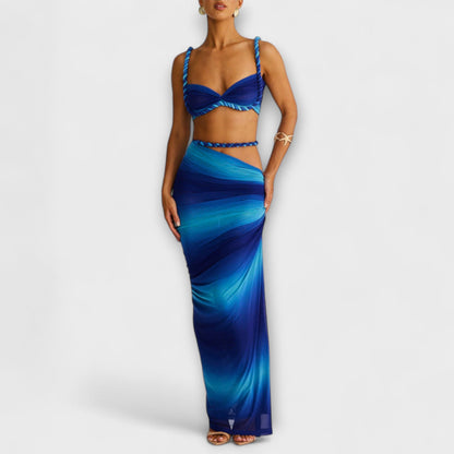 Jane - Stylový gradientový pletený crop top a overskirt duo
