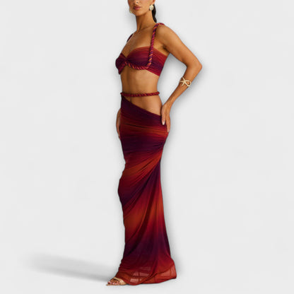 Jane - Stylový gradientový pletený crop top a overskirt duo