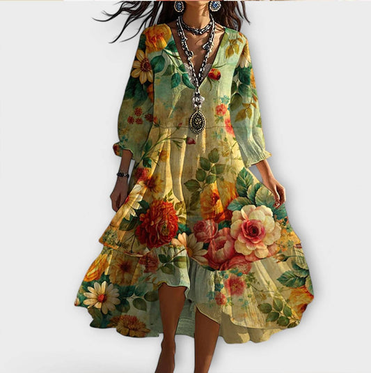 Marina - Vintage Boho květinový vzor šaty s výstřihem do V