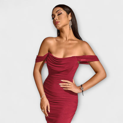 Ione - Šaty Bodycon s odhalenými rameny a řasením