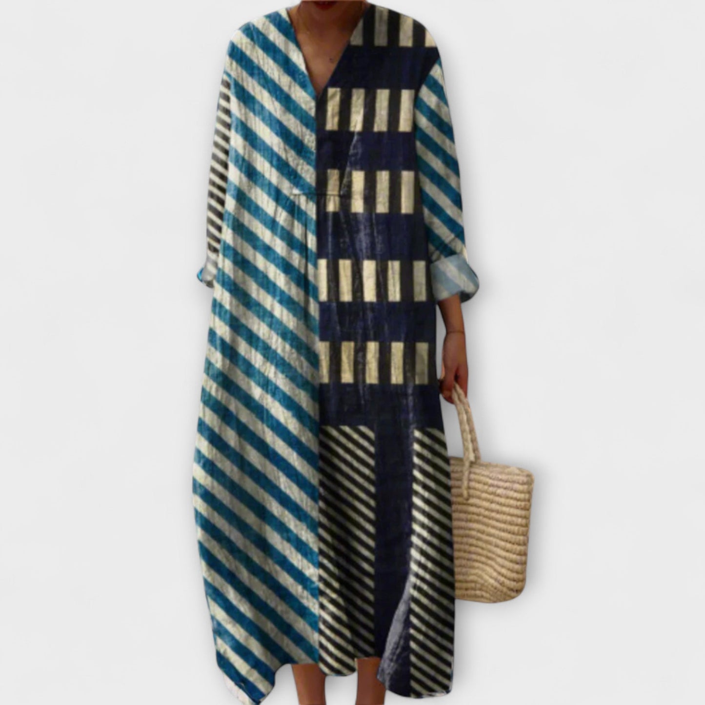 Martha - Moderní pruhované midi šaty s patchwork designem