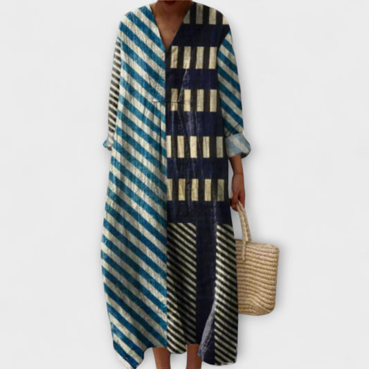 Martha - Moderní pruhované midi šaty s patchwork designem