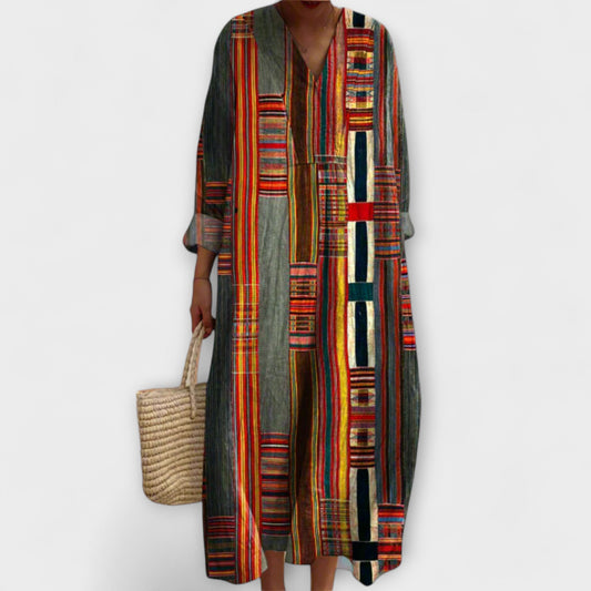 Marianne – boho maxi šaty s geometrickým pruhovaným vzorem