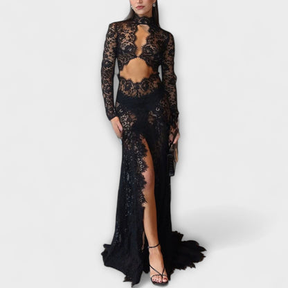 Azalea - Midnight Elegance Transparentní Výřez Dlouhý Rukáv Stretch Maxi Šaty